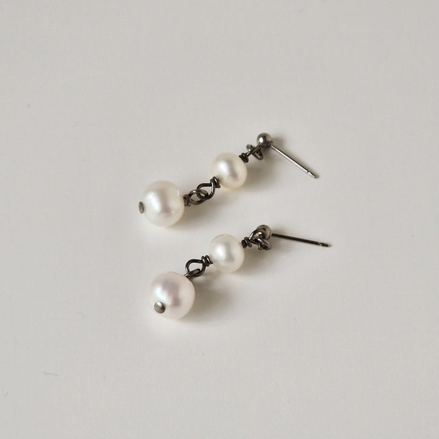 Titanium Post Earrings with two White Pearl Dangle