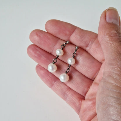 Titanium Post Earrings with two White Pearl Dangle