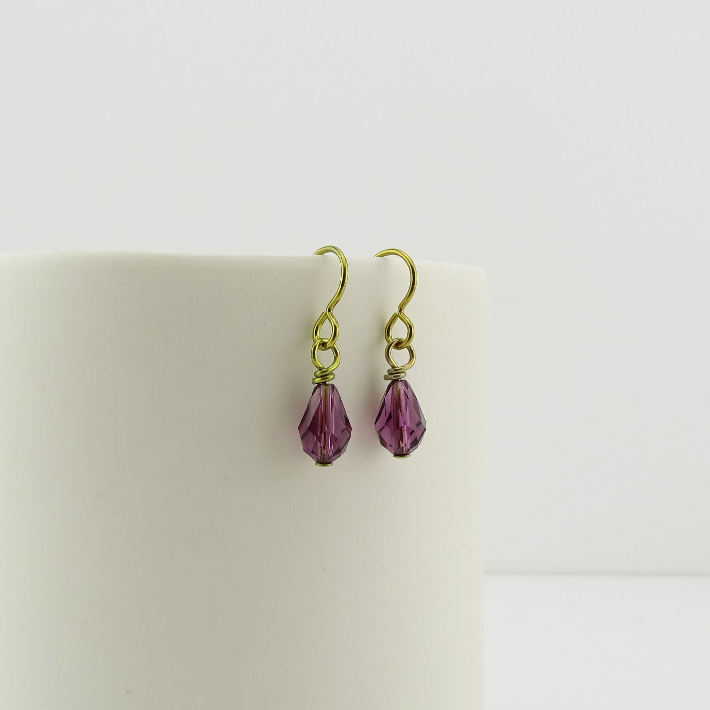 Nickel Free Gold Earrings with Amethyst Drop Crystals