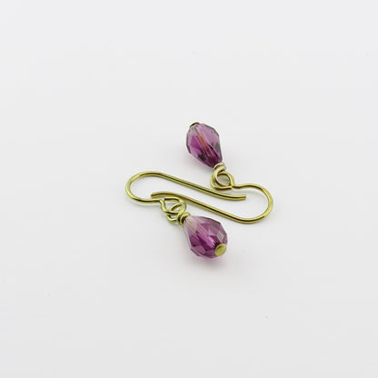 Nickel Free Gold Earrings with Amethyst Drop Crystals