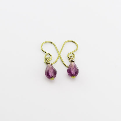 Nickel Free Gold Earrings with Amethyst Drop Crystals