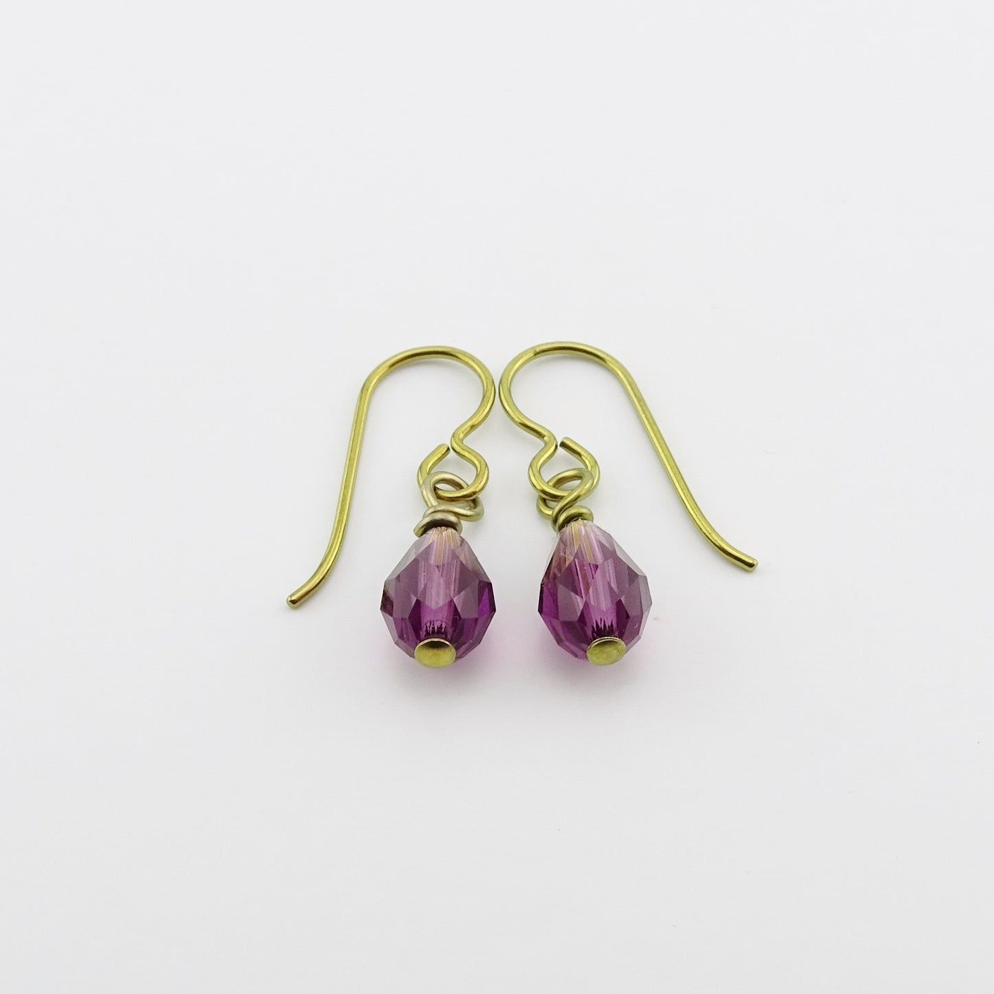 Nickel Free Gold Earrings with Amethyst Drop Crystals