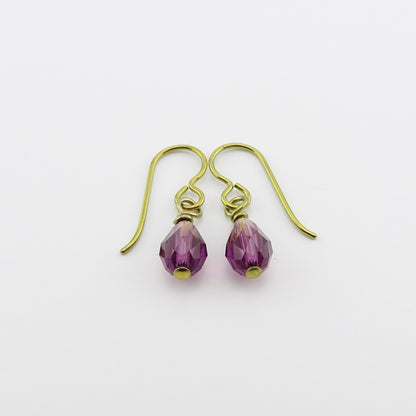 Nickel Free Gold Earrings with Amethyst Drop Crystals