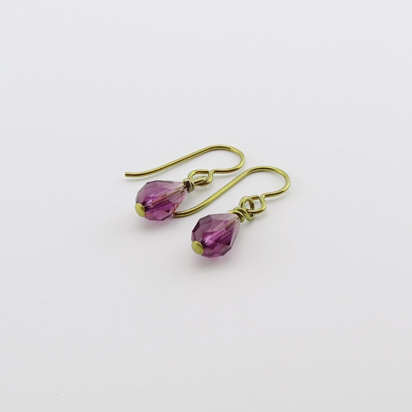 Nickel Free Gold Earrings with Amethyst Drop Crystals