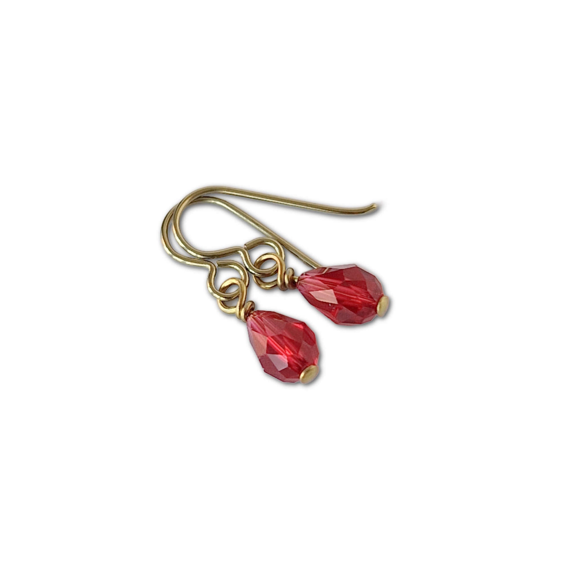 Gold Niobium Earrings with Ruby Red Crystal Teardrops