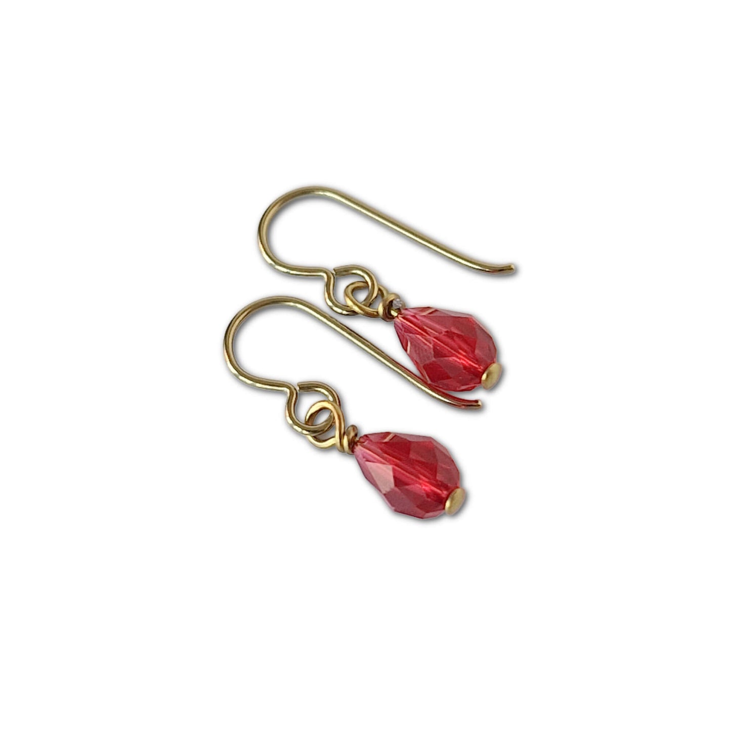 Nickel Free Gold Titanium Earrings with Ruby Red Rhinestone Teardrops