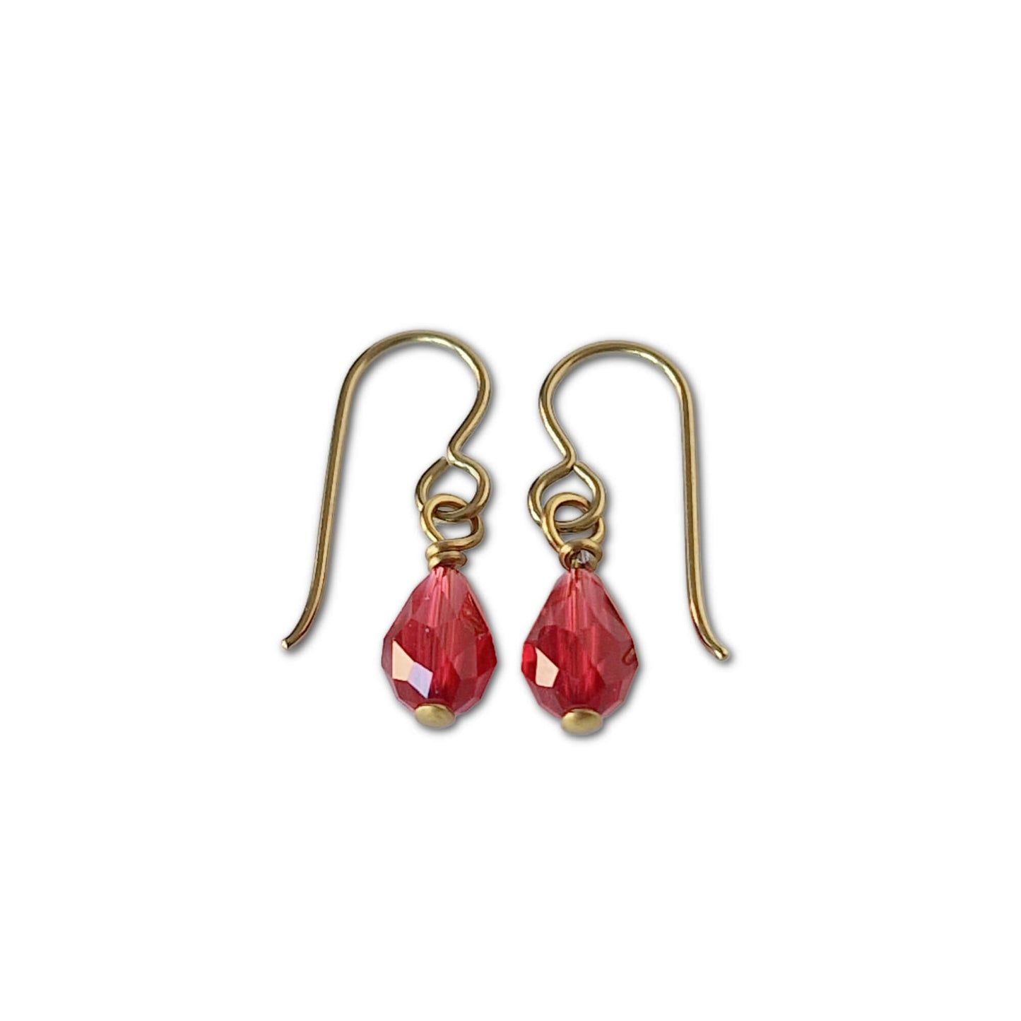 Gold Color Anodized Titanium Earrings with Ruby Red Drop Crystals