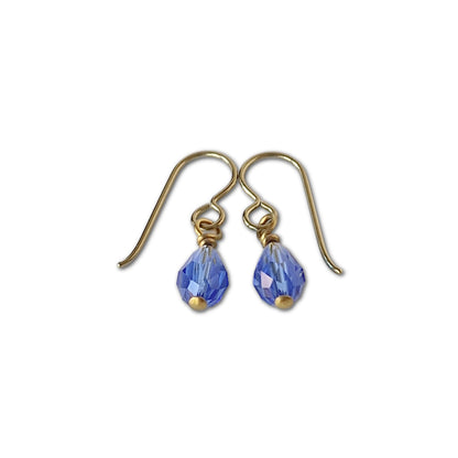 Gold Color Anodized Titanium Earrings with Sapphire Blue Drop Crystals