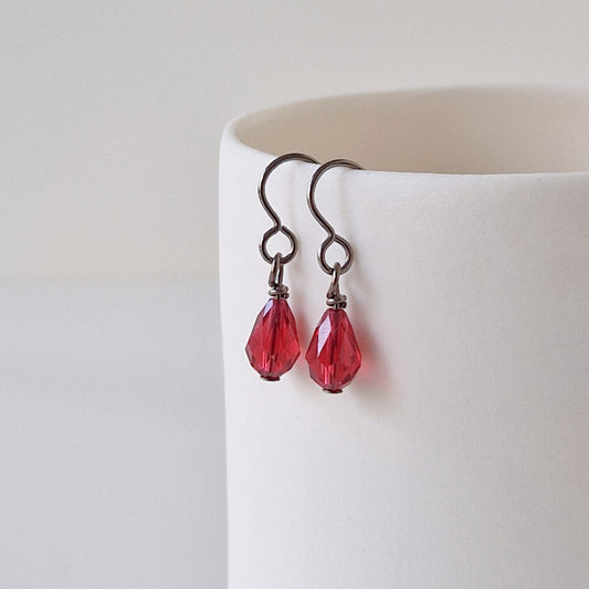 Pure Titanium Earrings with Ruby Red Crystal Teardrops