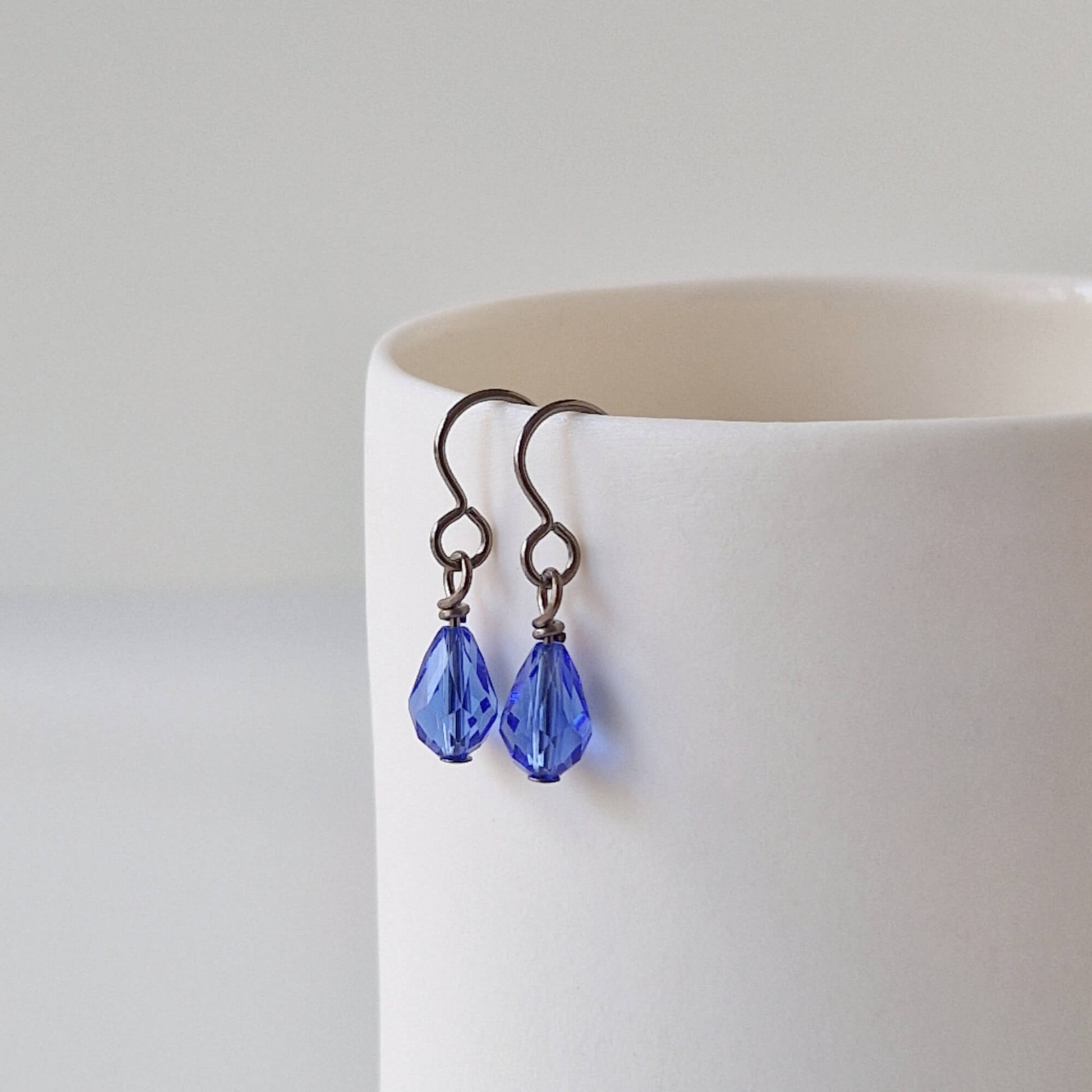 Pure Titanium Earrings with Sapphire Blue Crystal Teardrops