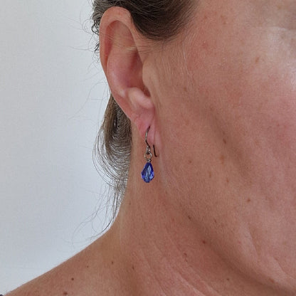 Pure Titanium Earrings with Sapphire Blue Crystal Teardrops Shown in Ear