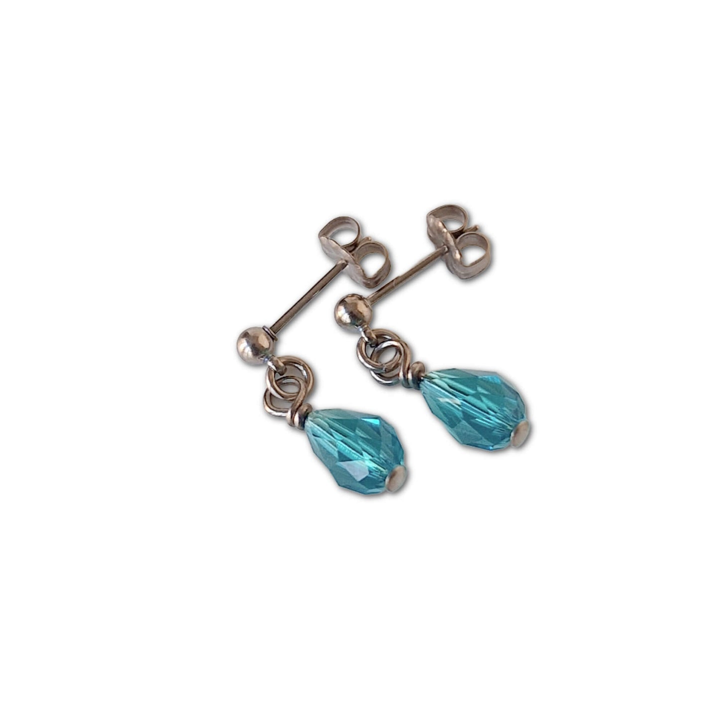 Titanium Stud Earrings with Dangling Blue Zircon Crystal Drops