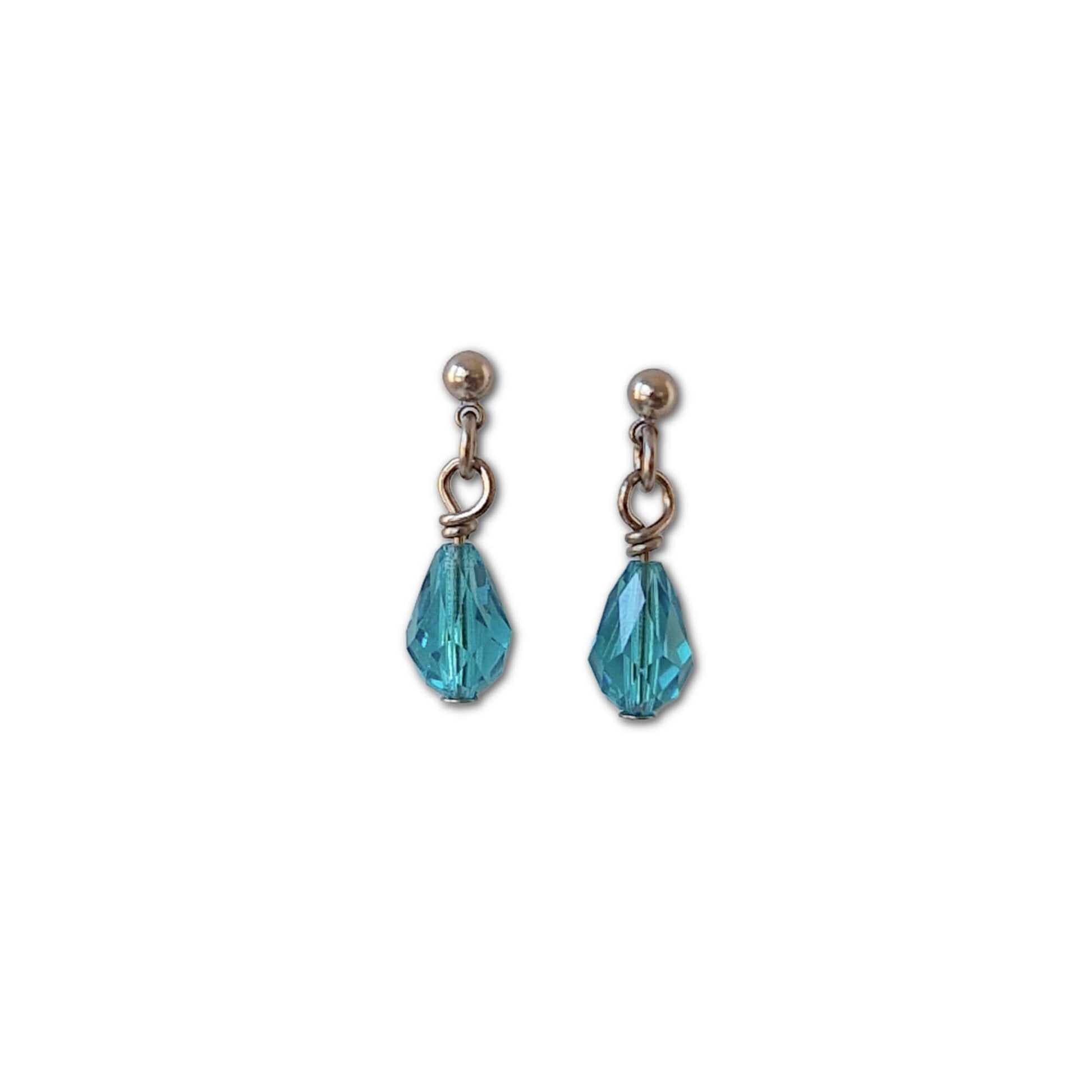 Titanium Ball Studs with Dangling Blue Zircon Crystal Droplets