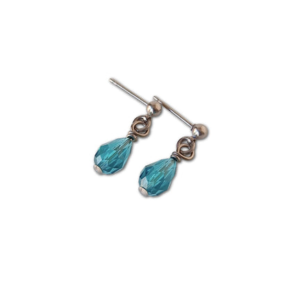 Non Allergenic Titanium Stud Earrings with Dangling Blue Zircon Crystal Teardrop Charms