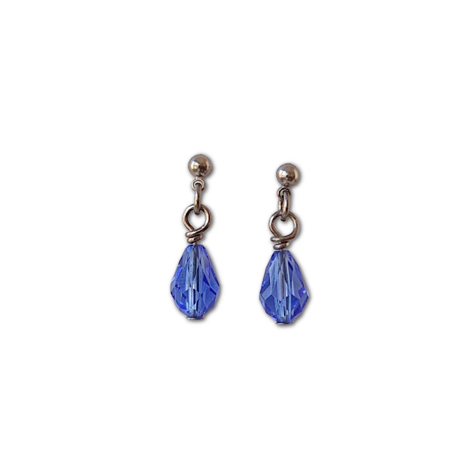 Titanium Stud Earrings with Dangling Sapphire Blue Crystal Drops