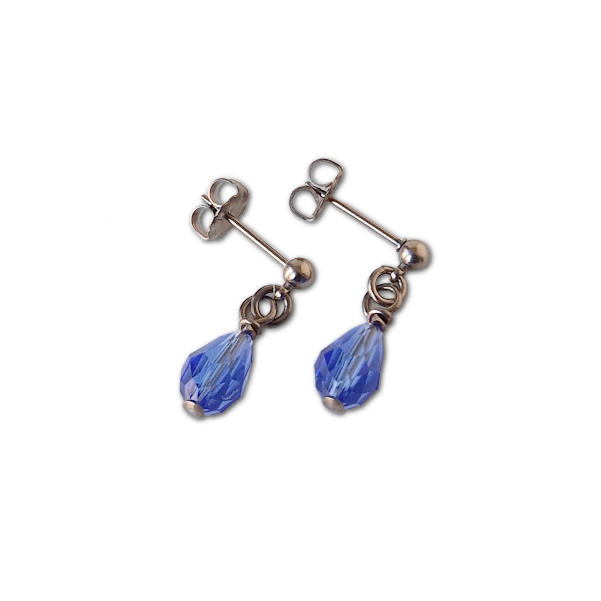 Titanium Post Earrings with Dangling Sapphire Blue Rhinestone Teardrops