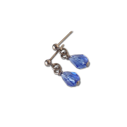 Titanium Ball Studs with Dangling Sapphire Blue Crystal Droplets