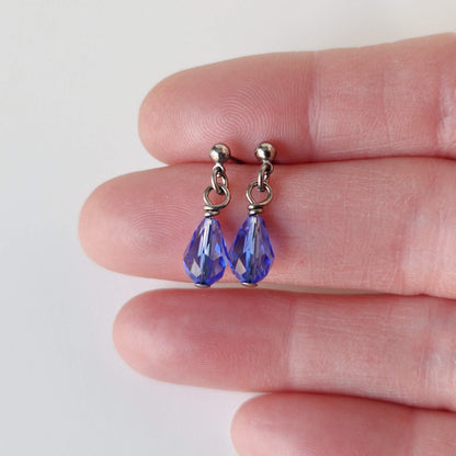 Nickel Free Titanium Post Stud Earrings with Dangling Sapphire Blue Crystal Teardrops