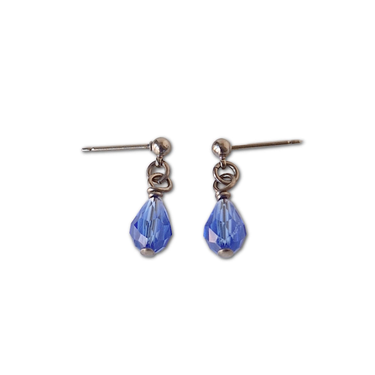 Hypoallergenic Titanium Stud Earrings with Dangling Austrian Sapphire Blue Crystal Teardrops