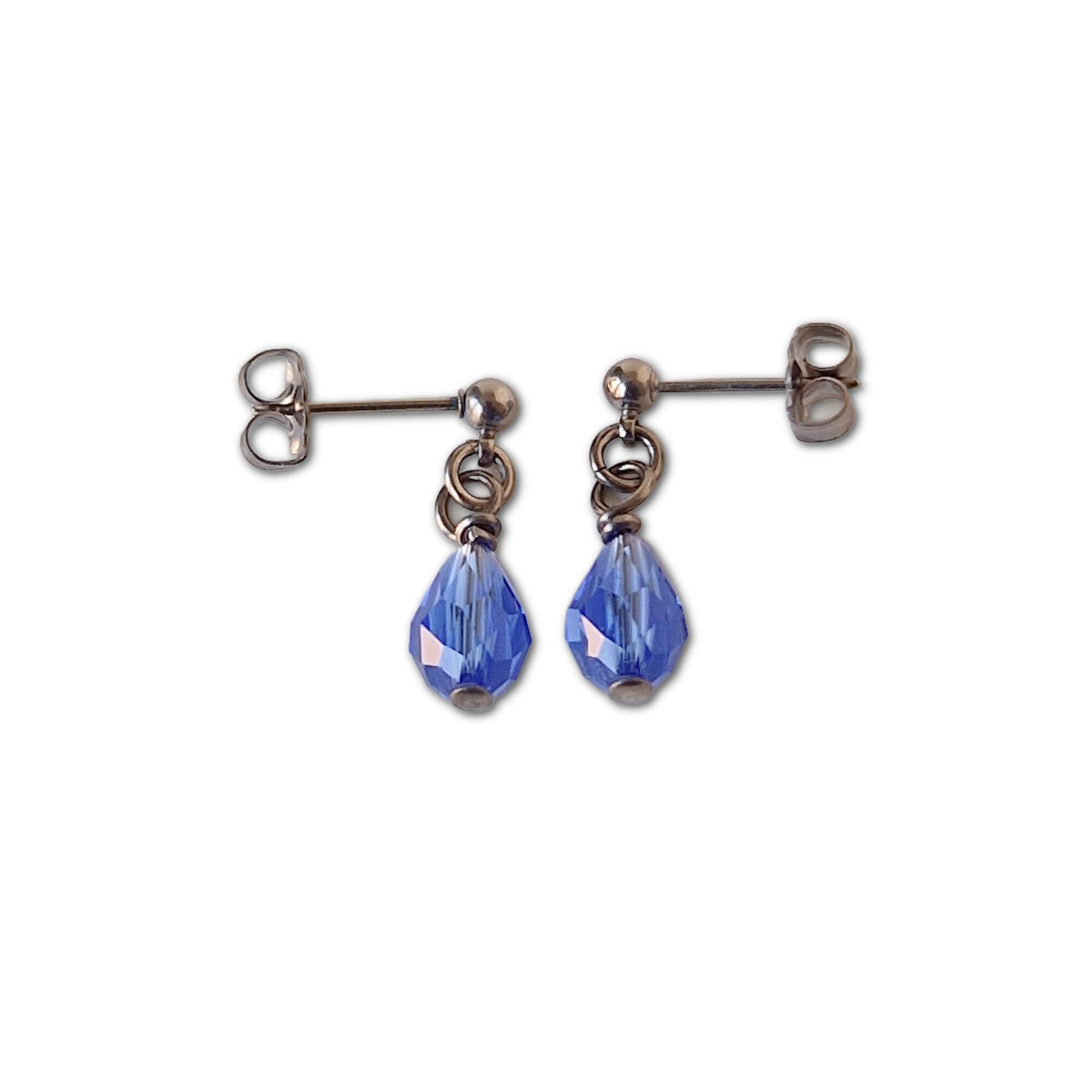 Non Allergenic Titanium Stud Earrings with Dangling Sapphire Blue Crystal Teardrop Charms