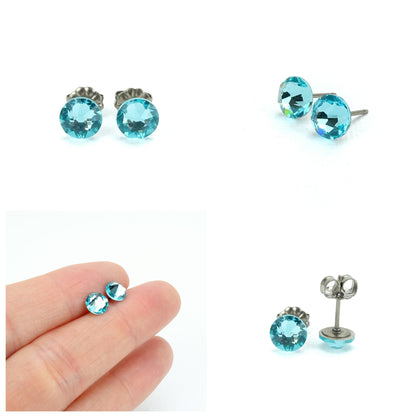 a collection of four photos showcasing various pairs of blue gemstone earrings. The earrings are made of small, clear gemstones and are displayed in different settings, such as a hand holding them, a close-up view of the earrings, and a pair of earrings with a metal post.