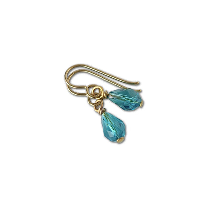 Nickel Free Gold Titanium Earrings with Blue Zircon Rhinestone Teardrops