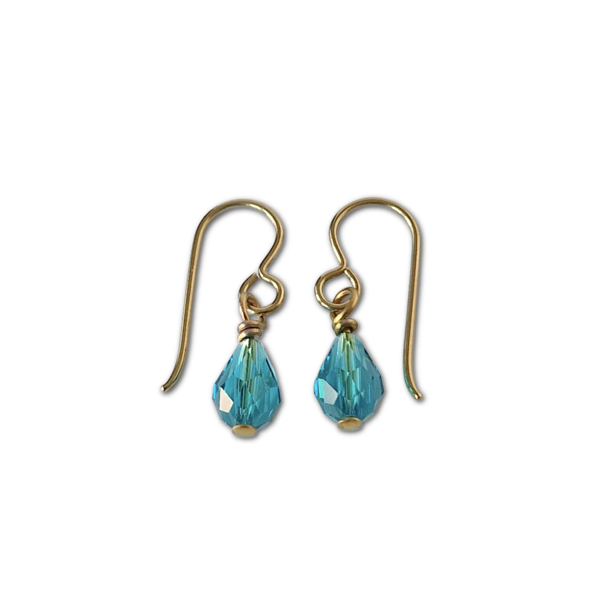 Gold Color Anodized Titanium Earrings with Blue Zircon Drop Crystals