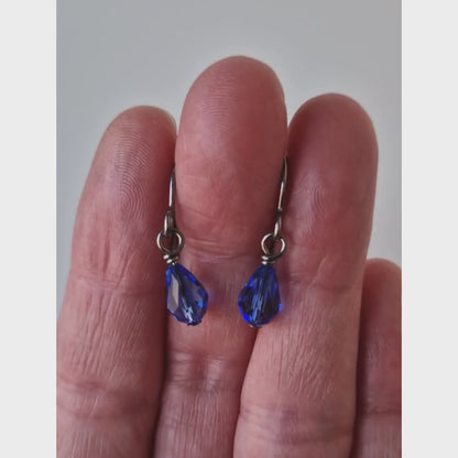 Pure Titanium Earrings with Sapphire Blue Crystal Teardrops