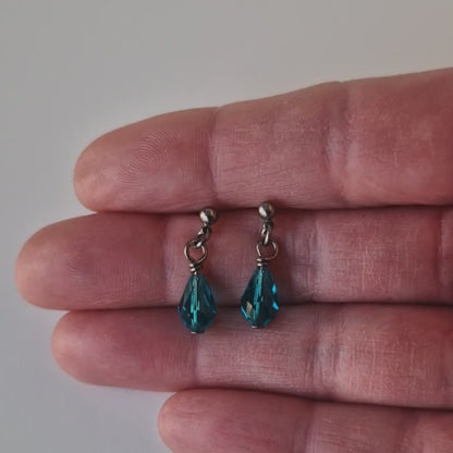 Titanium Stud Earrings with Dangling Blue Zircon Crystal Teardrops