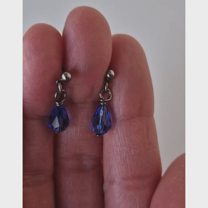 Titanium Stud Earrings with Dangling Sapphire Blue Crystal Teardrops