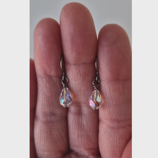 Non Allergenic Pure Titanium Earrings with Dangling Crystal Shimmer Teardrop Charms