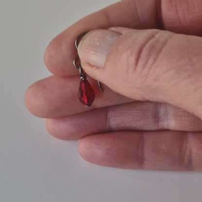 Pure Titanium Earrings with Ruby Red Crystal Teardrops