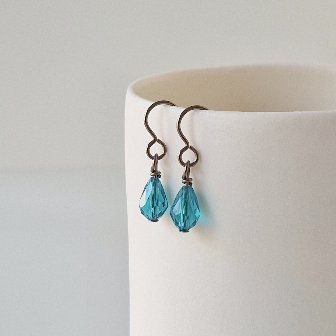 Pure Titanium Earrings with Blue Zircon Crystal Teardrops