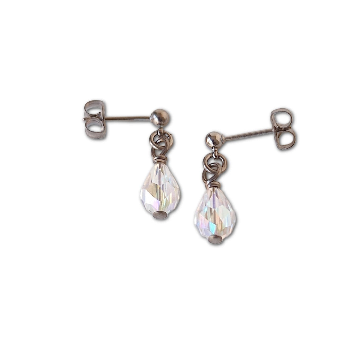 Titanium Post Earrings with Dangling Crystal Shimmer Rhinestone Teardrops