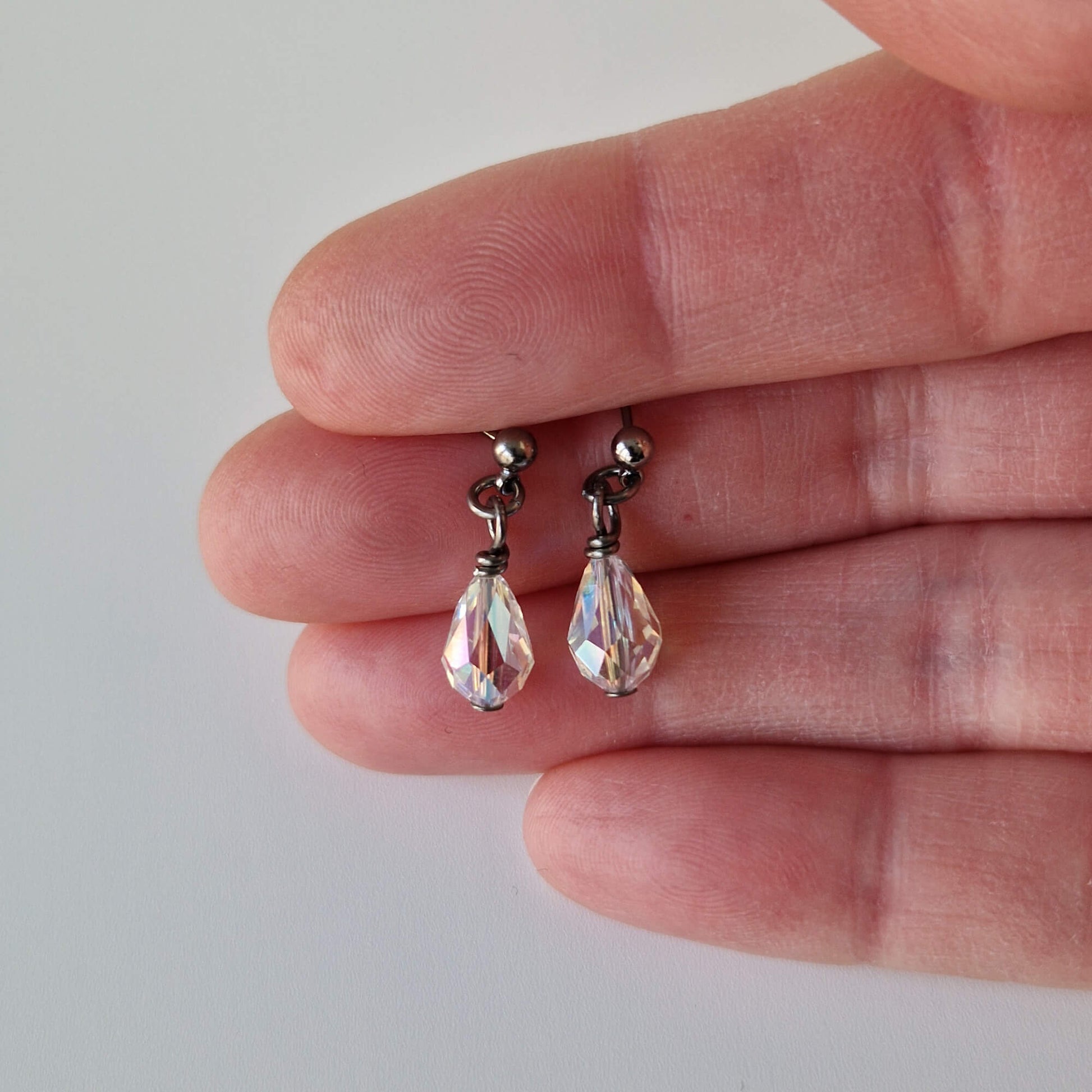 Nickel Free Titanium Post Stud Earrings with Dangling Crystal Shimmer Teardrops