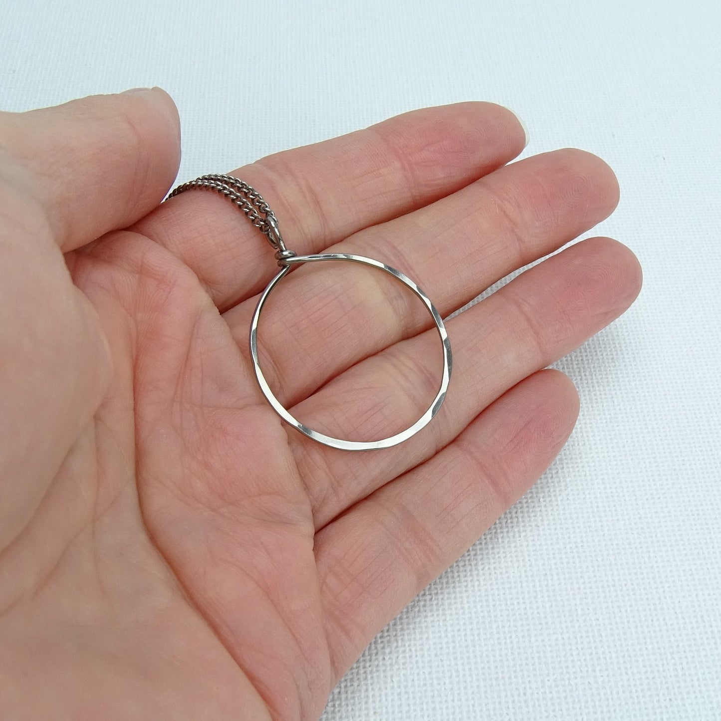 Circle Hoop Pendant Titanium Necklace, Hypoallergenic Nickel Free Niobium, Big Hammered Ring Necklace for Sensitive Skin, Simple Modern Loop