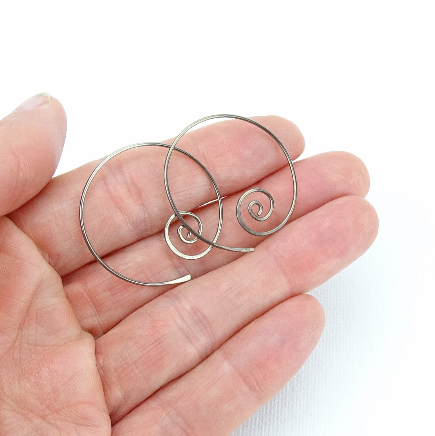 Niobium Earrings Spiral Hoops, Silver Color Niobium Spiraling Hoop Earrings for Sensitive Ears, Hypoallergenic Nickel Free Jewellery