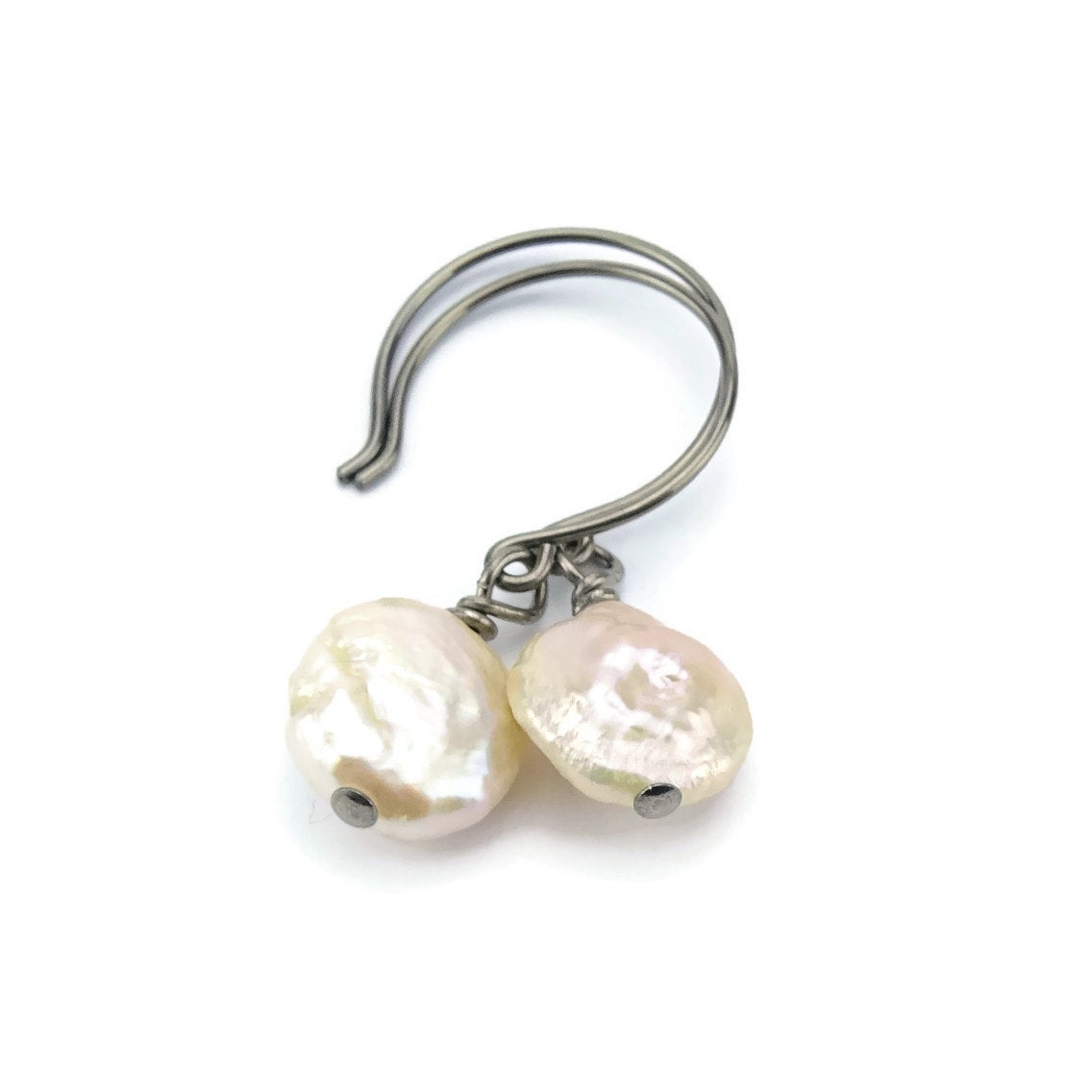 Ivory Coin Pearl Niobium Earrings, Freshwater Pearls Nickel Free Earrings For Sensitive Ears, Hypoallergenic Titanium, White Pearl Earrings