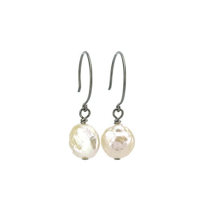 Ivory Coin Pearl Niobium Earrings, Freshwater Pearls Nickel Free Earrings For Sensitive Ears, Hypoallergenic Titanium, White Pearl Earrings