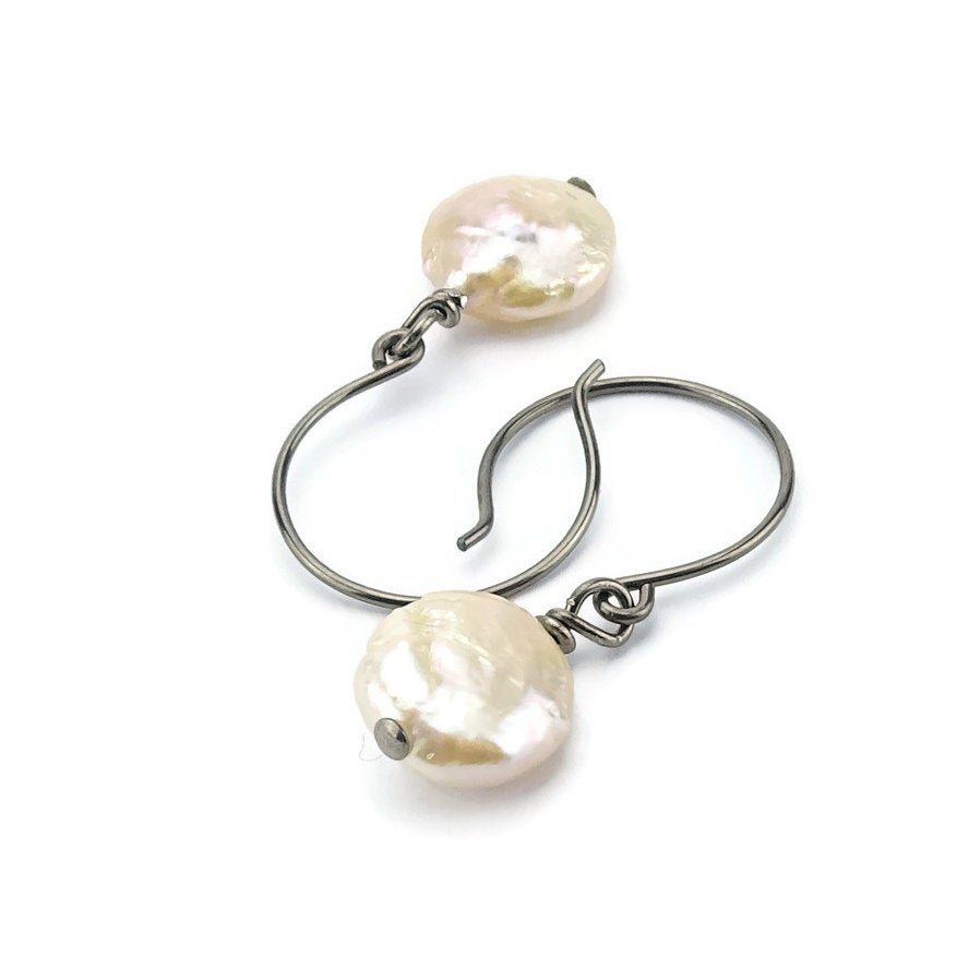 Ivory Coin Pearl Niobium Earrings, Freshwater Pearls Nickel Free Earrings For Sensitive Ears, Hypoallergenic Titanium, White Pearl Earrings