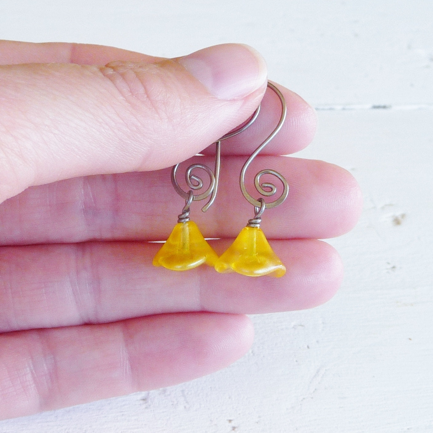 Buttercup Yellow Czech Glass Flowers Niobium Earrings, Swirl Shaped Earwire, Hypoallergenic Nickel Free Titanium Earrings for Sensitive Ears