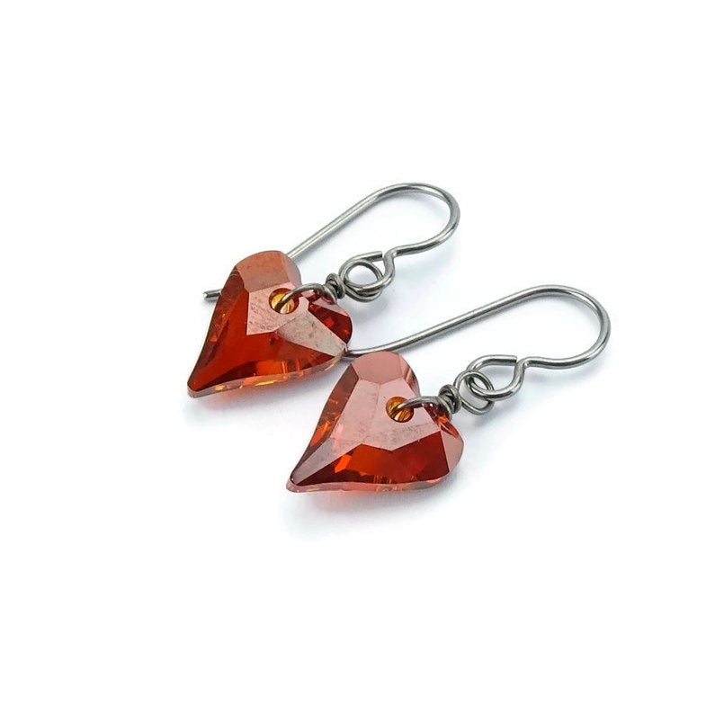 Red Heart Niobium Earrings, Wire Wrapped Niobium Earrings for Sensitive Ears, Magma Red Love Heart Hypoallergenic No Nickel Titanium Earring