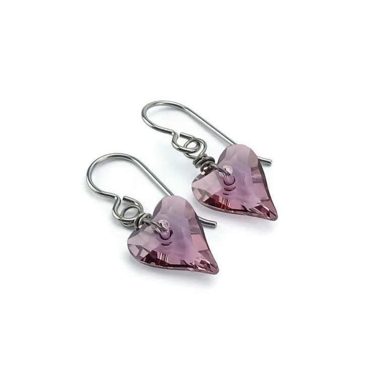 Antique Pink Heart Niobium Earrings, Light Purple Swarovski Crystal, Love Heart Hypoallergenic Nickel Free Titanium Sensitive Ears Earrings