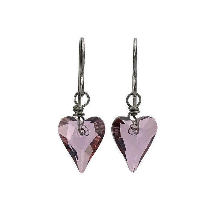 Antique Pink Heart Niobium Earrings, Light Purple Swarovski Crystal, Love Heart Hypoallergenic Nickel Free Titanium Sensitive Ears Earrings