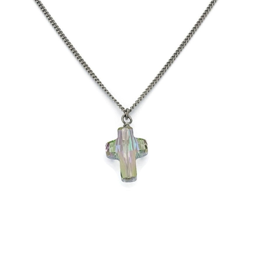 Titanium Cross Necklace Paradise Shine Swarovski Crystal, Swarovski Cross Pure Titanium Necklace For Sensitive Skin, Blue Purple Green