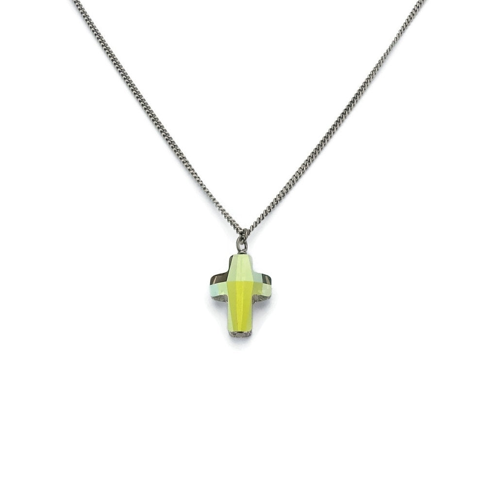 Green Cross Titanium Necklace, Iridescent Green Swarovski Crystal Nickel Free Hypoallergenic Pure Titanium Chain Necklace For Sensitive Skin