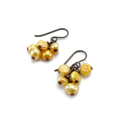 Orange Pearl Cluster Niobium Earrings, Cascading Gold Pearl Nickel Free Earrings, Bronze Brown Niobium Hypoallergenic for Sensitive Ears