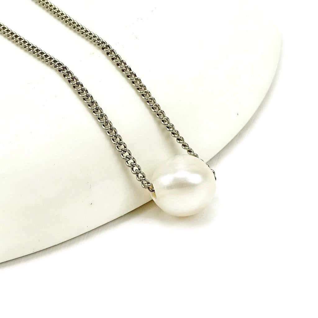 White Floating Pearl Titanium Necklace, Freshwater Pearl Hypoallergenic Necklace, Real Genuine Pearl Nickel Free Necklace for Sensitive Skin