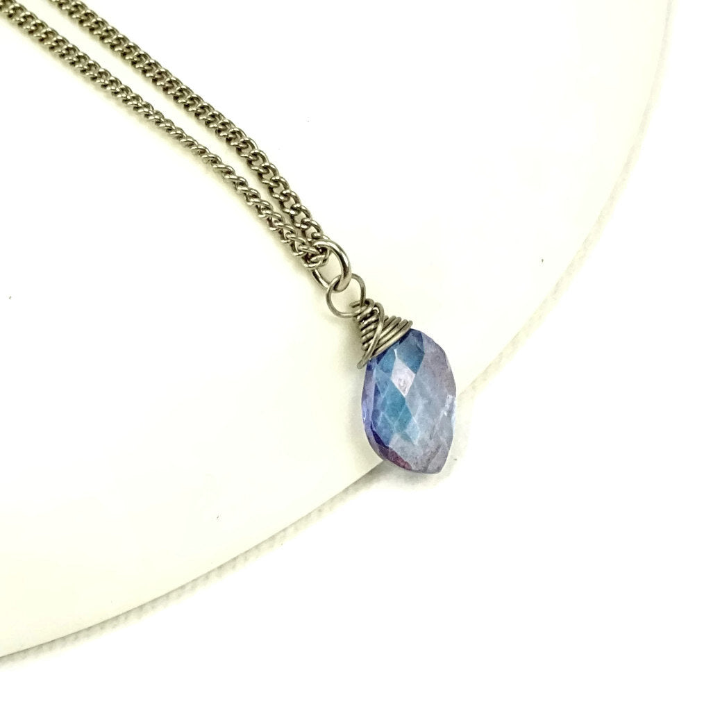 Pure Titanium Necklace Blue Quartz Gemstone Wire Wrapped on Niobium Hypoallergenic Necklace Mystic Silver Tanzanite Blue Quartz Stone