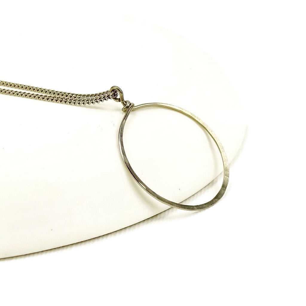 Circle Hoop Pendant Titanium Necklace, Hypoallergenic Nickel Free Niobium, Big Hammered Ring Necklace for Sensitive Skin, Simple Modern Loop